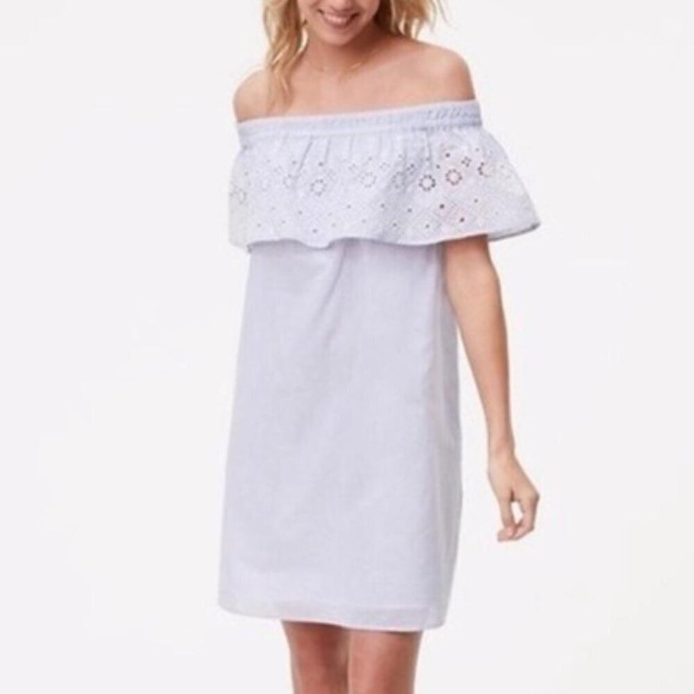 LOFT Eyelet Pin Striped Off the Shoulder Dress - Picture 1 of 9